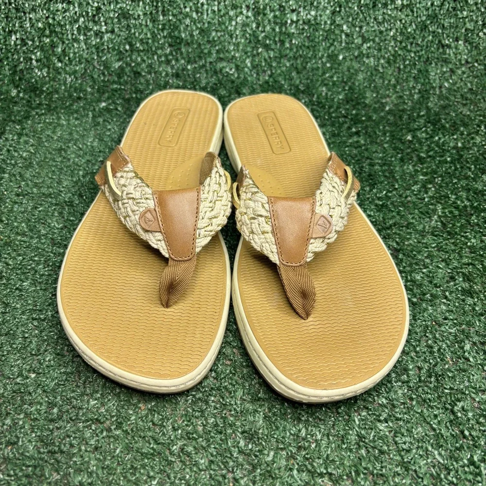NEW Sperry‎ Parrotfish Braided Thong Leather Beach Flip Flop Tan Gold Womens 9 M